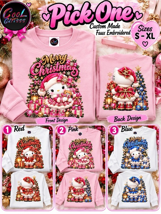 Hsndmade by coolgiftsss Tops - Hello Kitty Holiday Christmas T-Shirt Faux Embroidery & Faux Rhinestones pick 1